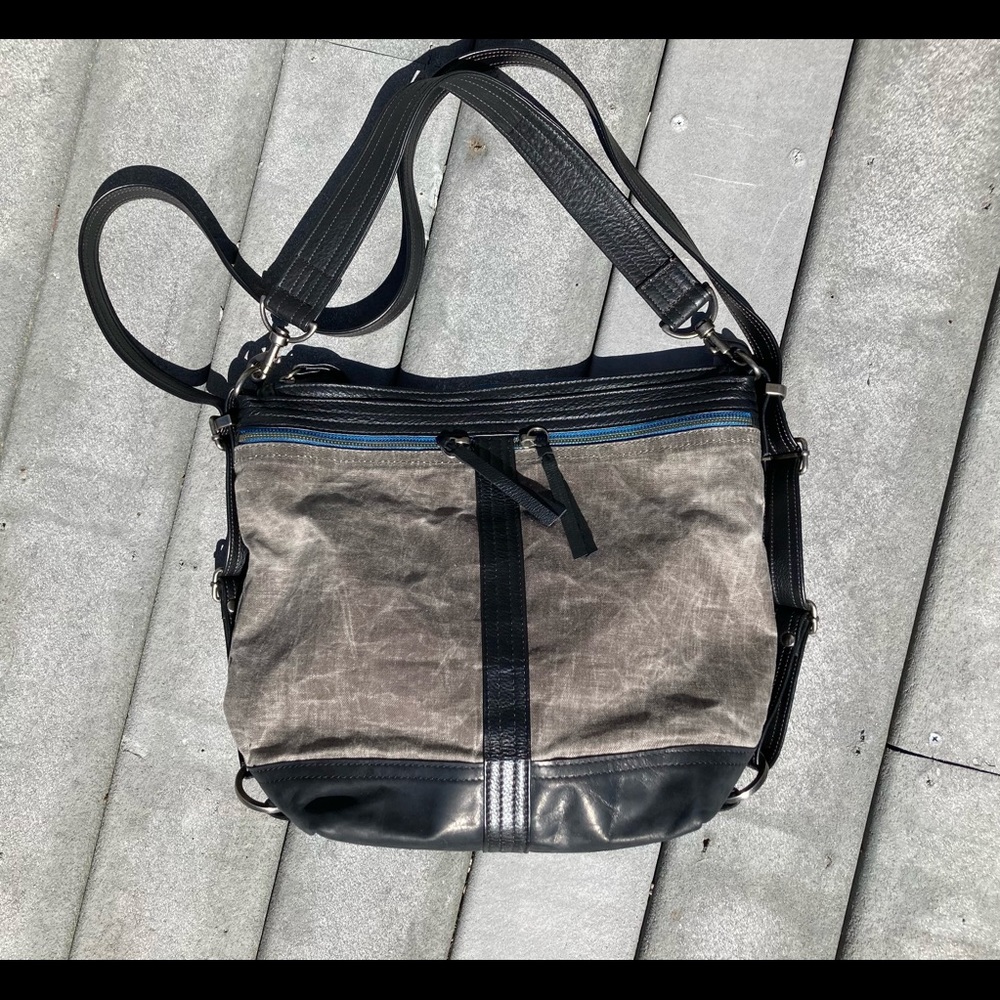 Rough & Tumble Grey Canvas/Black Leather Vintage Hoop Hobo